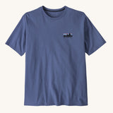 The front of the Patagonia Men's Organic T-Shirt - '73 Skyline / Current Blue. The blue men's t-short features a skyline logo on the left chest area. This t-shirt is a part of a wide range of Patagonia clothing and accessories available here at Babipur. 