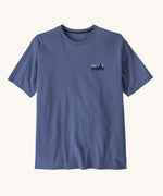 The front of the Patagonia Men's Organic T-Shirt - '73 Skyline / Current Blue. The blue men's t-short features a skyline logo on the left chest area. This t-shirt is a part of a wide range of Patagonia clothing and accessories available here at Babipur. 