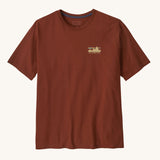 Patagonia Men's 73 Skyline Organic T-Shirt. A brown top with short sleeves with a skyline style brand logo on the left chest area. 
This t-shirt is a part of a wide range of Patagonia clothing and accessories available here at Babipur. 