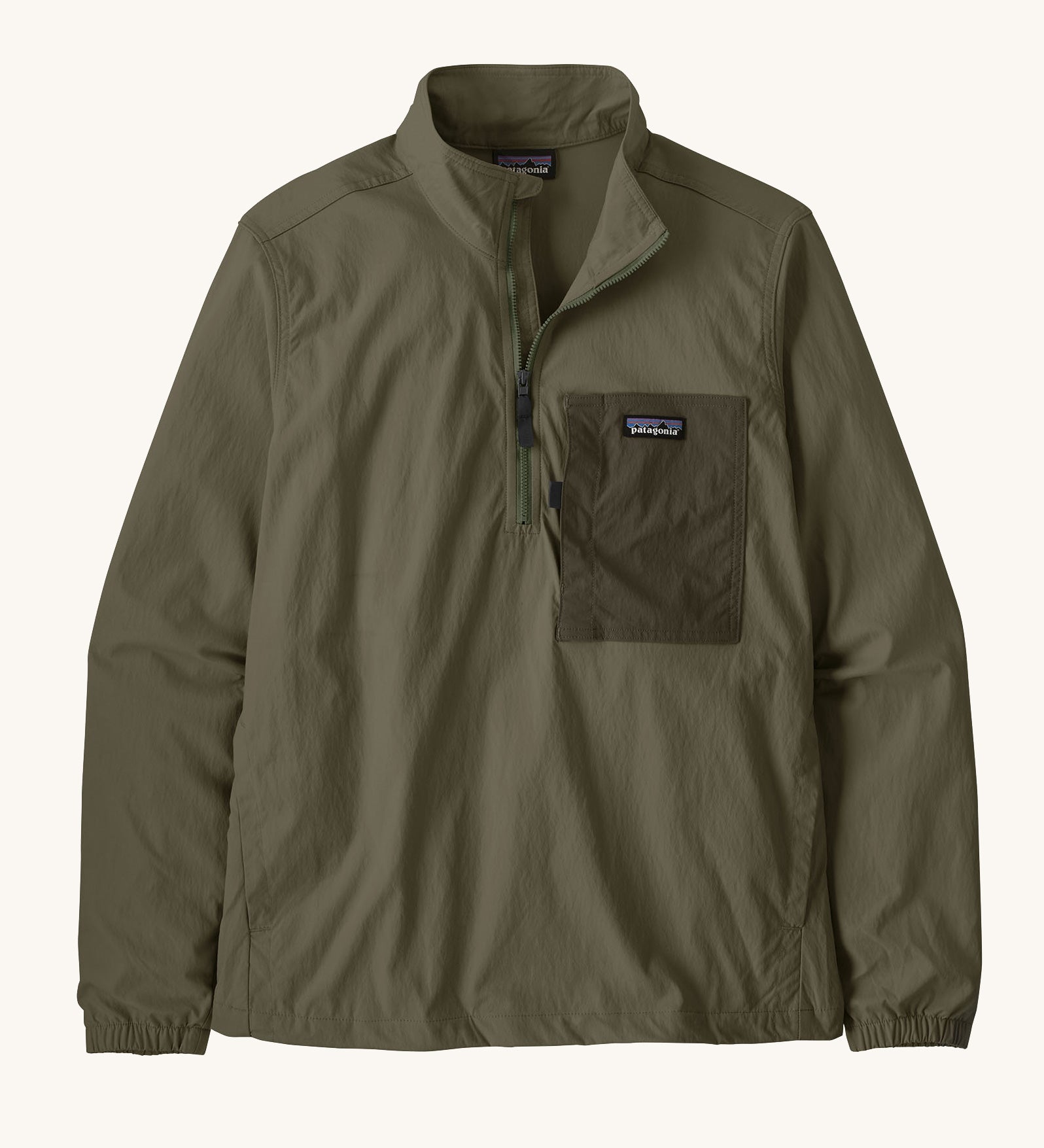 The Patagonia Men's Outdoor Everyday Marsupial Pullover in Basin Green on a plain background. 