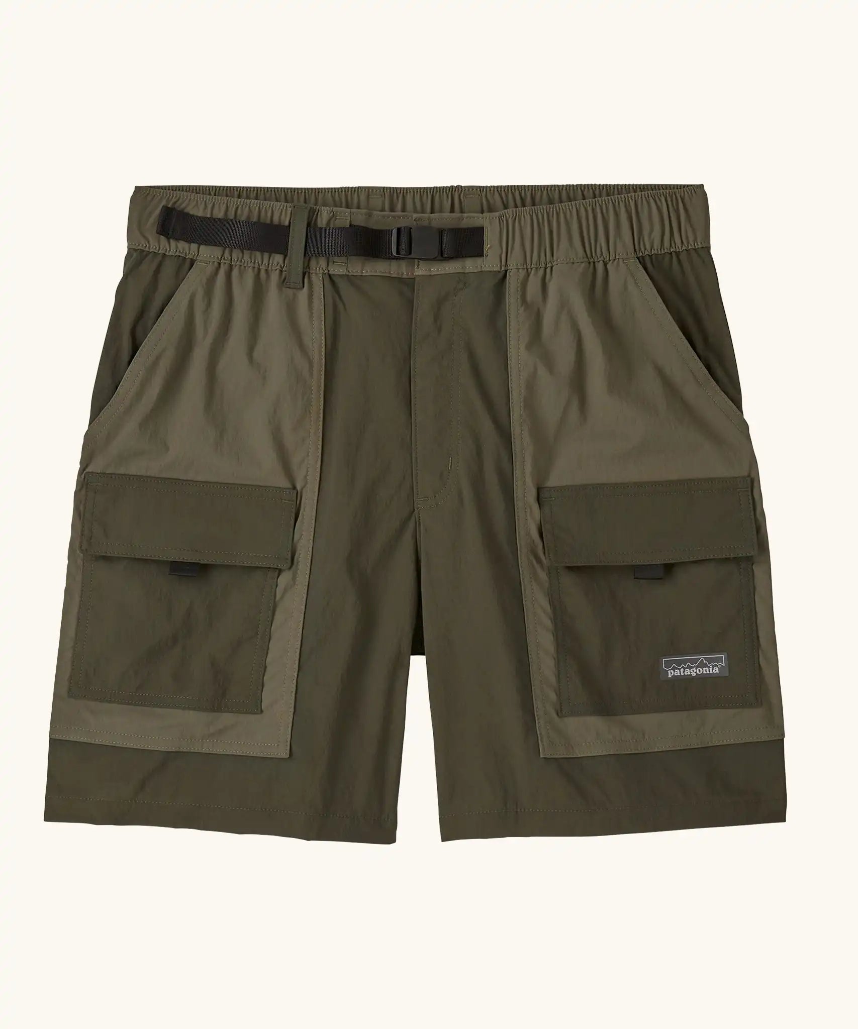Patagonia Men's Outdoor Everyday Shorts in Pine Needle Green. Cargo style shorts with buckle closure.