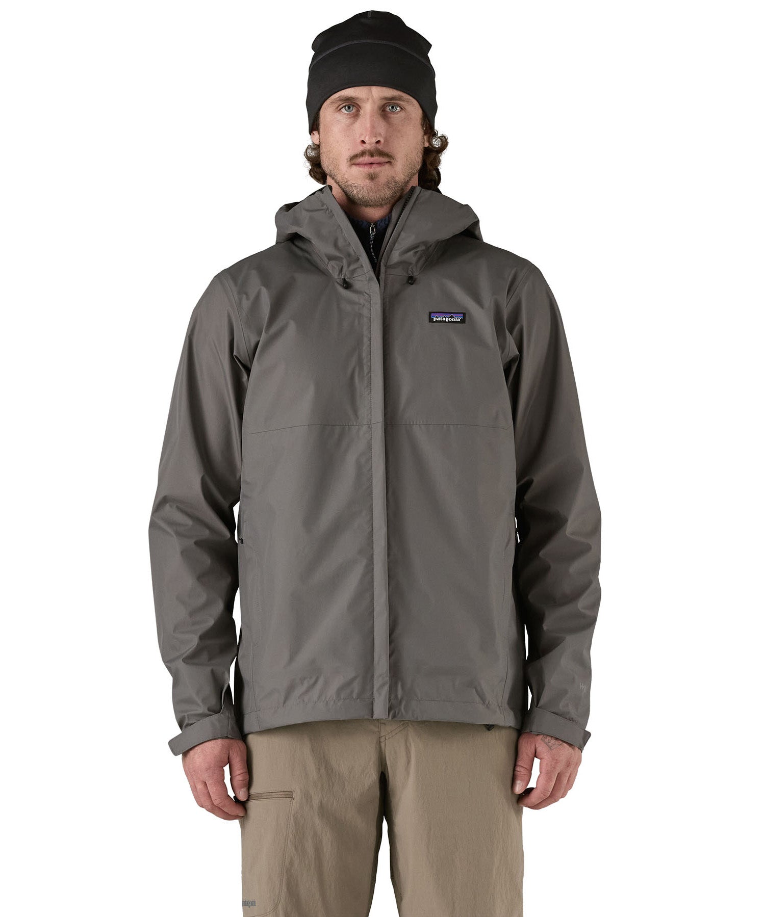 Patagonia men's 3 layer torrentshell rain jacket worn by a man 