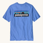 Patagonia men's short sleeve top in light blue back logo detail