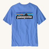 Patagonia men's short sleeve top in light blue back logo detail