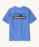 Patagonia men's short sleeve top in light blue back logo detail