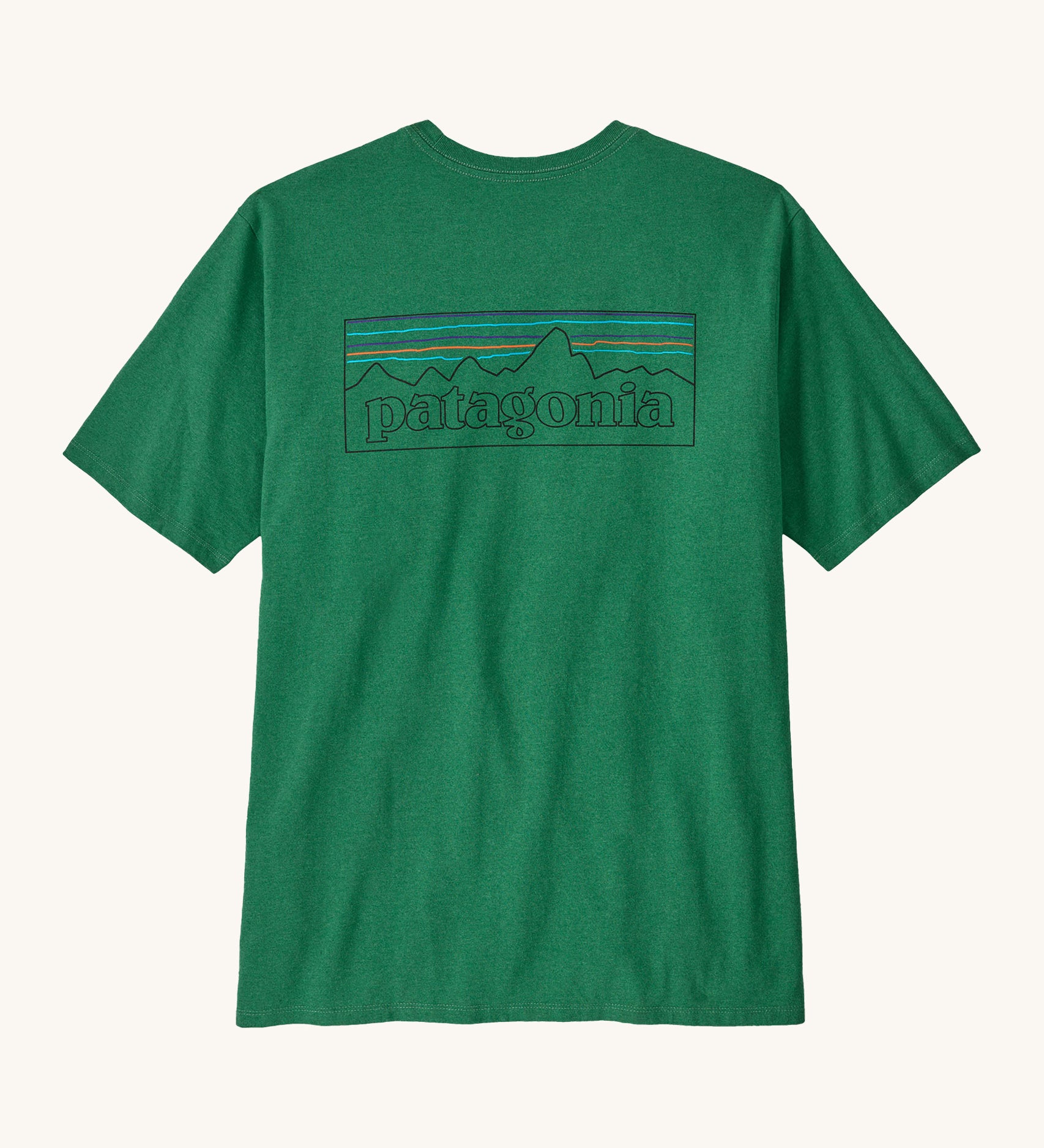 Patagonia men's short sleeve top in green logo outline design on a cream background.