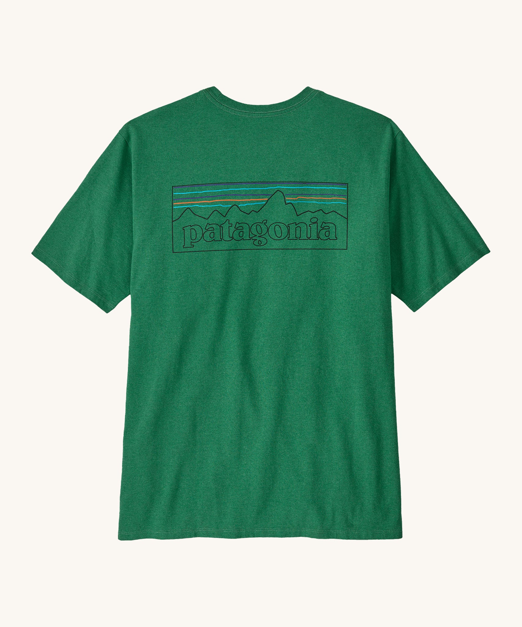Patagonia men's short sleeve top in green logo outline design on a cream background.
