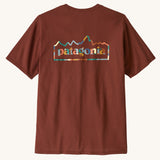 Patagonia Men's Responsibili-Tee - Unity Fitz / Dried Vanilla. The short sleeved t-shirt features a multi-coloured Patagonia outline logo.