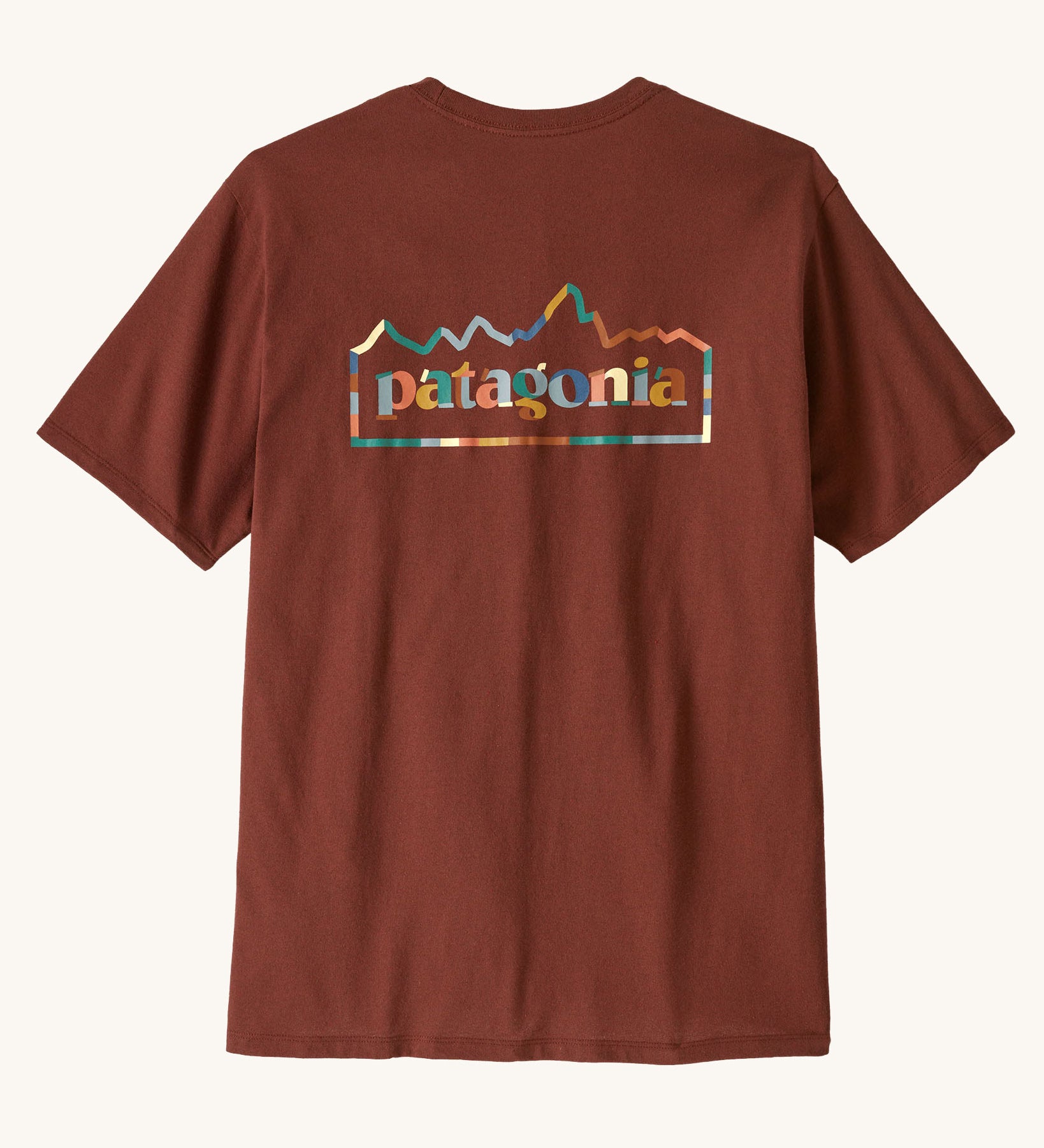 Patagonia Men's Responsibili-Tee - Unity Fitz / Dried Vanilla. The short sleeved t-shirt features a multi-coloured Patagonia outline logo.