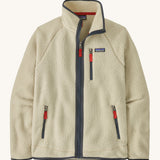 Patagonia men's retro pile jacket. A thick fleece in natural colour with a pale blue trim. Features a full length zip, 2 side pockets, a chest pocket and the logo patch stitched above