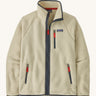 Patagonia men's retro pile jacket. A thick fleece in natural colour with a pale blue trim. Features a full length zip, 2 side pockets, a chest pocket and the logo patch stitched above