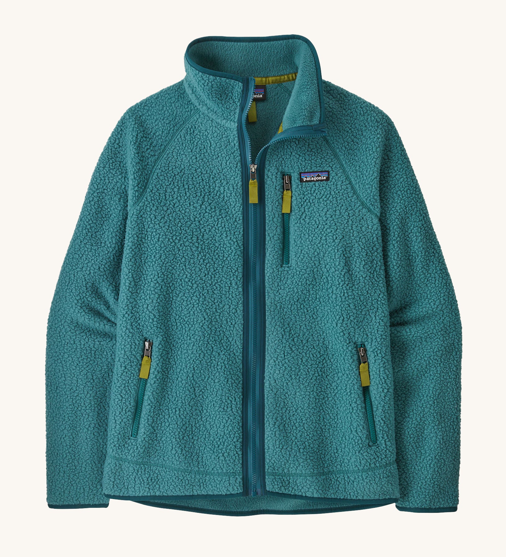 The Patagonia Men's Retro Pile Fleece Jacket in a Wetland Blue colour on a plain background.