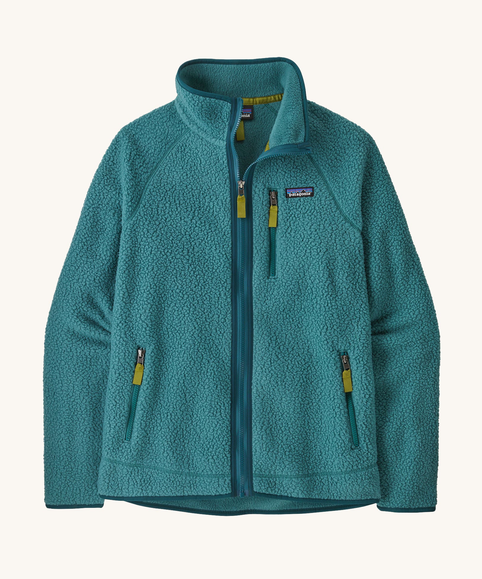 The Patagonia Men's Retro Pile Fleece Jacket in a Wetland Blue colour on a plain background.