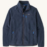 Patagonia men's retro pile fleece jacket in sunken blue colour. A thick dark blue fleece with a full length zip, 2 side pockets and a chest pocket with the brand patch stitched on the chest.
