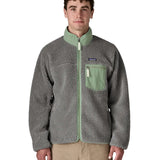 Patagonia Men’s Classic Retro-X Fleece Jacket Forever Grey front view on model showing mint green chest pocket and stand-up collar