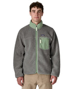 Patagonia Men’s Classic Retro-X Fleece Jacket Forever Grey front view on model showing mint green chest pocket and stand-up collar