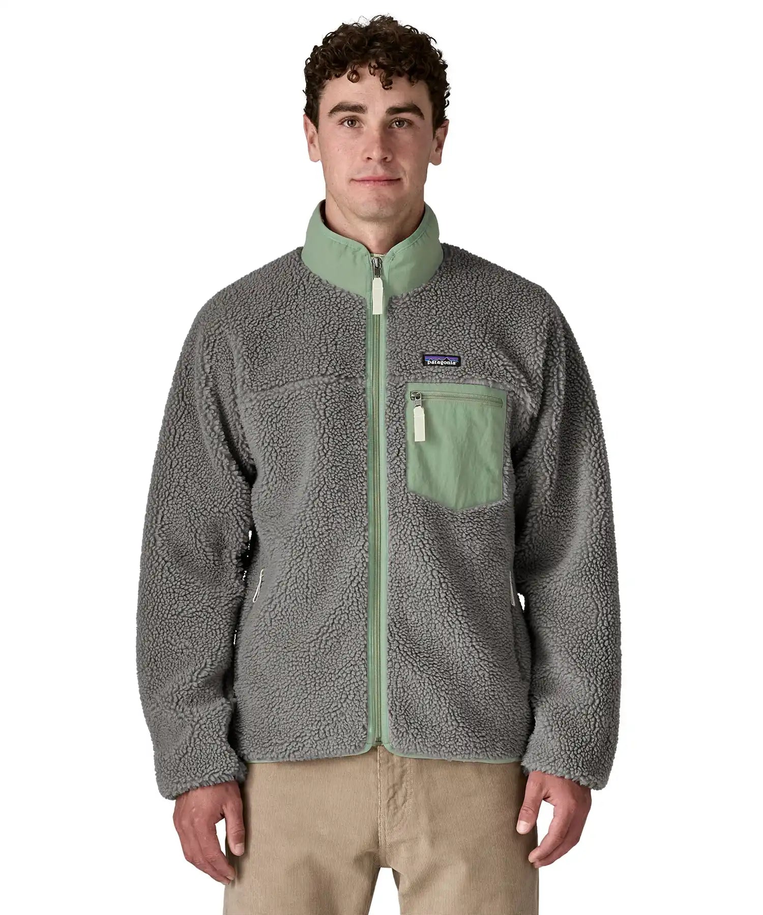 Patagonia Men’s Classic Retro-X Fleece Jacket Forever Grey front view on model showing mint green chest pocket and stand-up collar