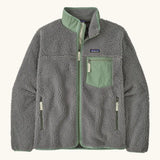 Patagonia Men’s Classic Retro-X Fleece Jacket Forever Grey product view showing mint green zip chest pocket and handwarmer pockets