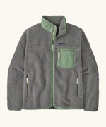Patagonia Men’s Classic Retro-X Fleece Jacket Forever Grey product view showing mint green zip chest pocket and handwarmer pockets