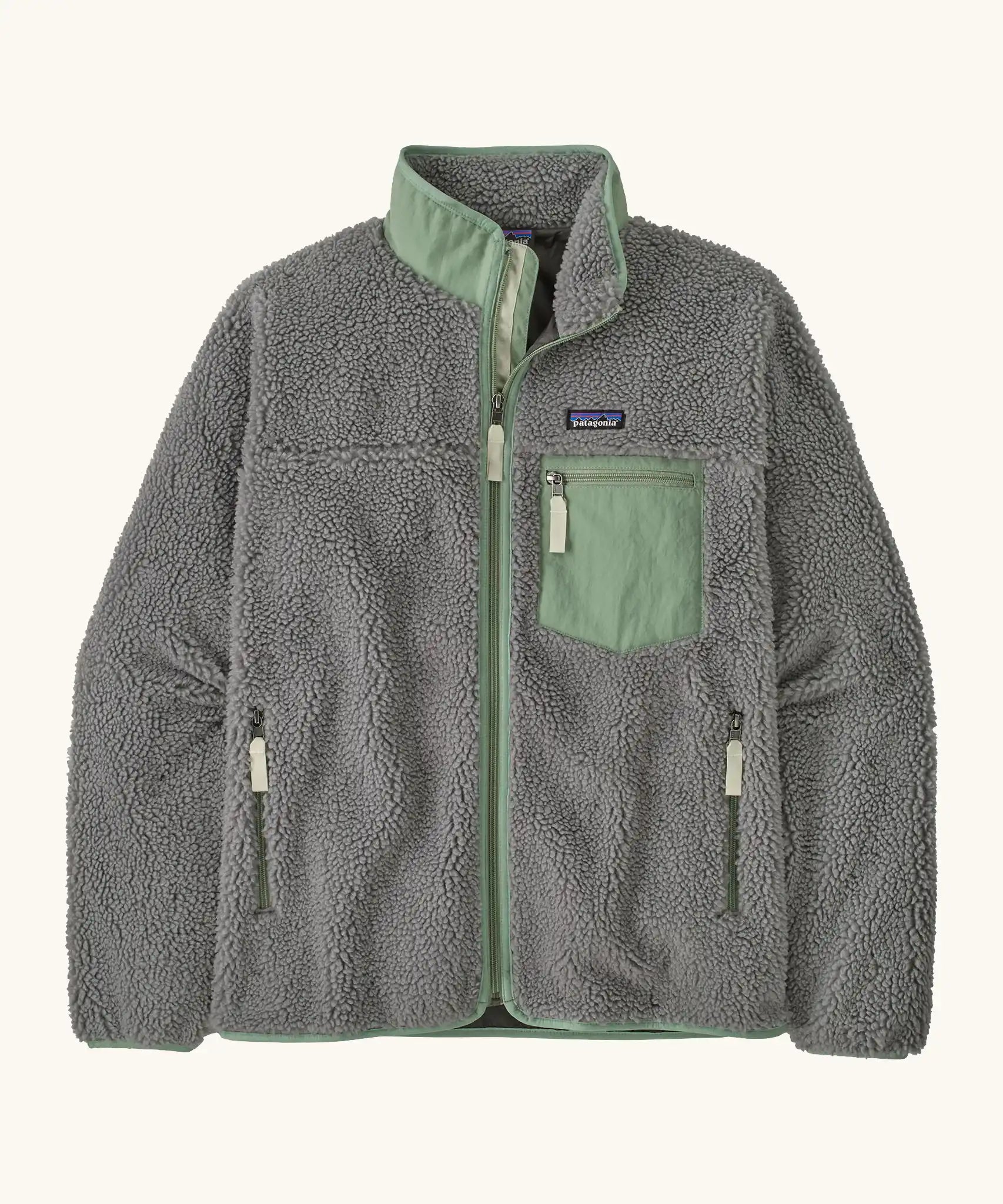 Patagonia Men’s Classic Retro-X Fleece Jacket Forever Grey product view showing mint green zip chest pocket and handwarmer pockets