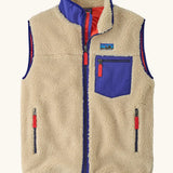 retro x patagonia vest, gilet bodywarmer style with no arms, cream fleece, blue contrasting pockets and red zip detail