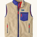 retro x patagonia vest, gilet bodywarmer style with no arms, cream fleece, blue contrasting pockets and red zip detail