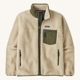 A Patagonia men's classic retro-x jacket in a dark natural / basin green colour way. A thick fleece with a full length zip, 2 side pockets and a chest pocket with the logo patch stitched above.