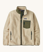 A Patagonia men's classic retro-x jacket in a dark natural / basin green colour way. A thick fleece with a full length zip, 2 side pockets and a chest pocket with the logo patch stitched above.