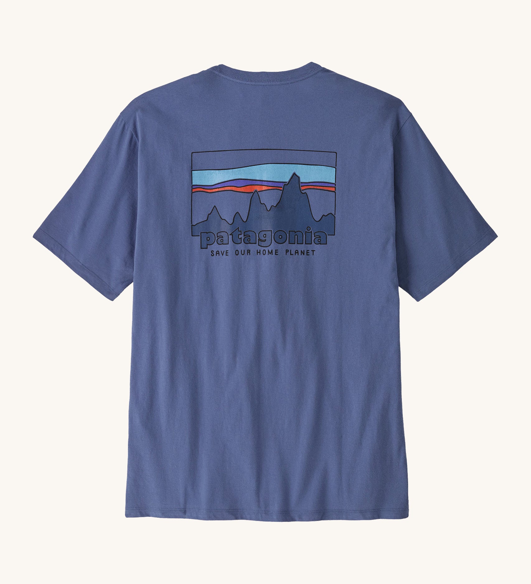 Patagonia Men's 73 Skyline Organic T-Shirt. A pale blue coloured top with short sleeves and a  brand logo in a sketch design printed on the back