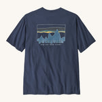 Patagonia men's 73 skyline short sleeve top in navy on a cream background.