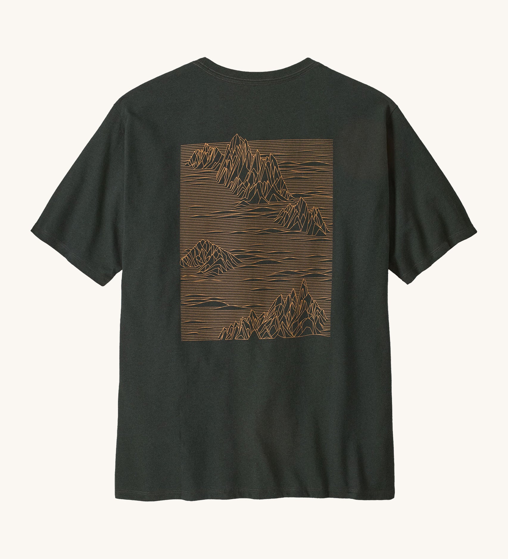 Patagonia men's  Strataspire tee in old growth green is a short sleeve top with a big mountain scape print in pale orange on the back 