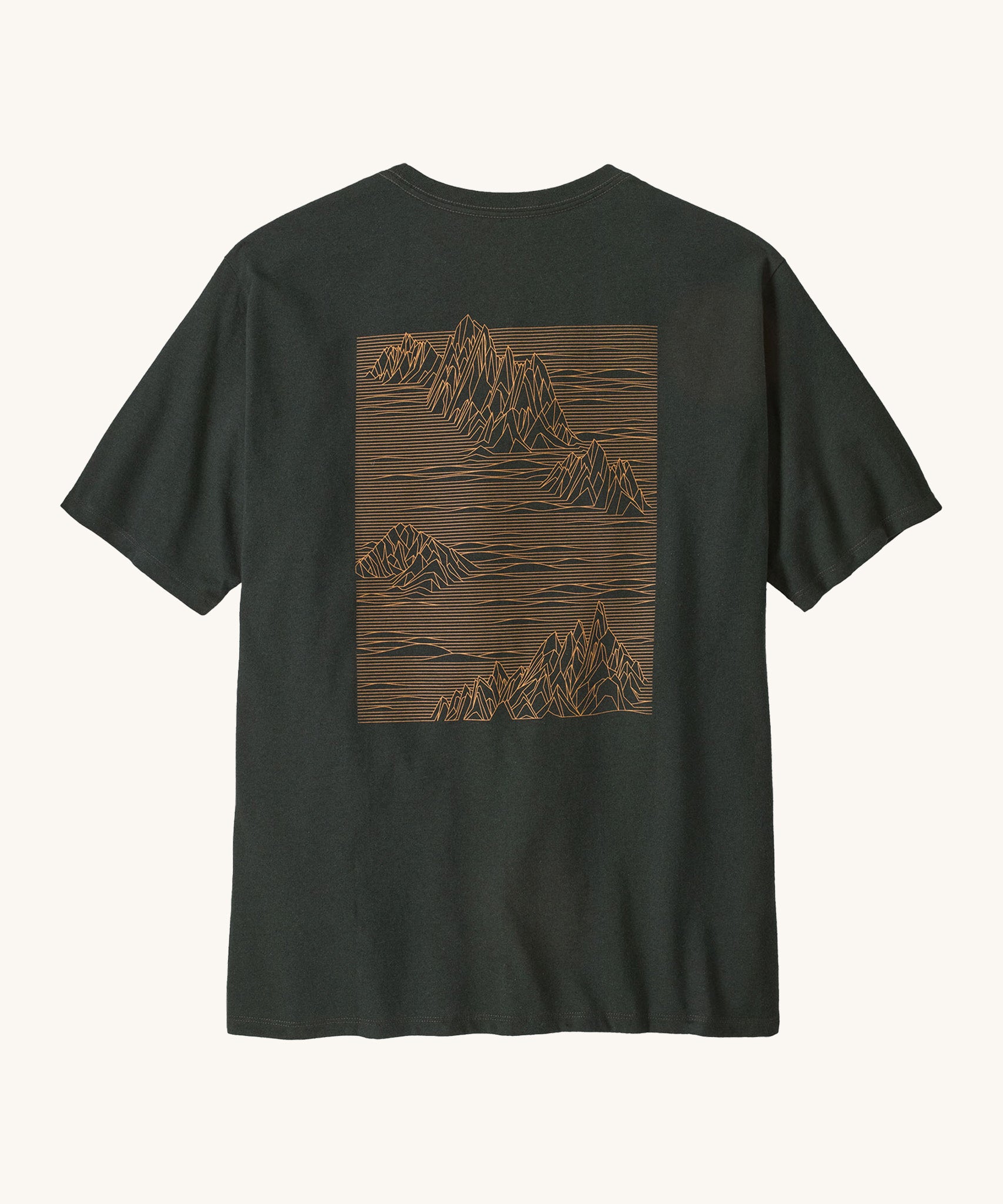 Patagonia men's  Strataspire tee in old growth green is a short sleeve top with a big mountain scape print in pale orange on the back 