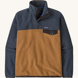 Patagonia mens synchilla jacket. A lightweight fleece in dark blue and brown colour. Features a chest pocket, logo patch stitched above and a 1/4 length popper fastener.