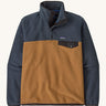 Patagonia mens synchilla jacket. A lightweight fleece in dark blue and brown colour. Features a chest pocket, logo patch stitched above and a 1/4 length popper fastener.