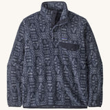 Patagonia mens synchilla jacket. A lightweight fleece in dark blue colour with a white flowing pattern all over. Features a chest pocket, logo patch stitched above and a 1/4 length popper fastener.