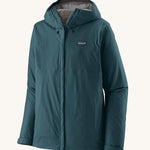 Patagonia men's 3 layer torrentshell rain jacket in teal on a cream background.