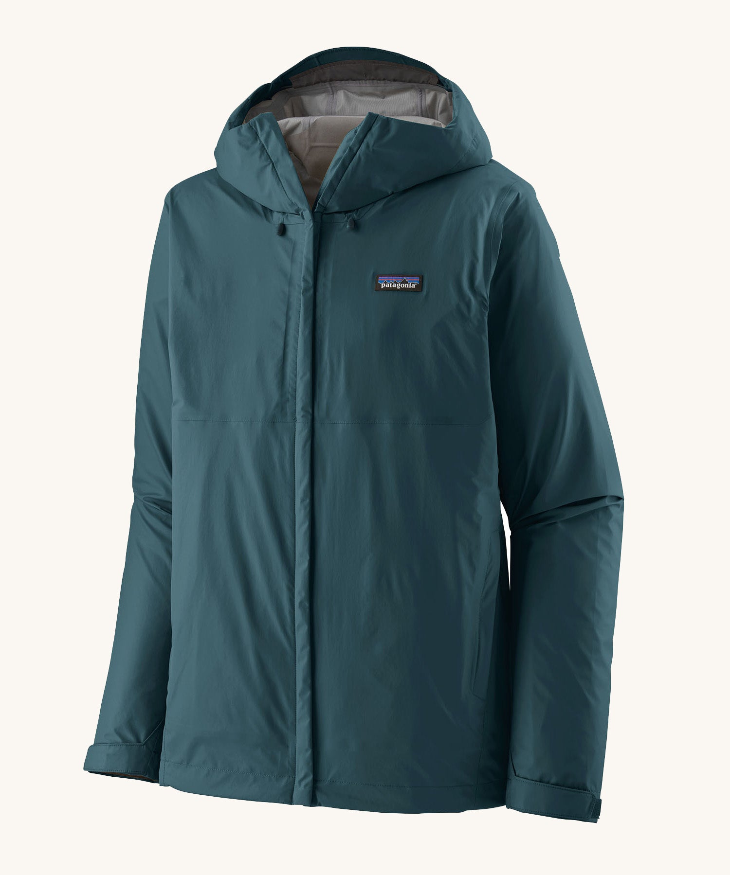 Patagonia men's 3 layer torrentshell rain jacket in teal on a cream background.