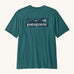 Patagonia mens turquoise short sleeve t-shirt wave design on a cream background.