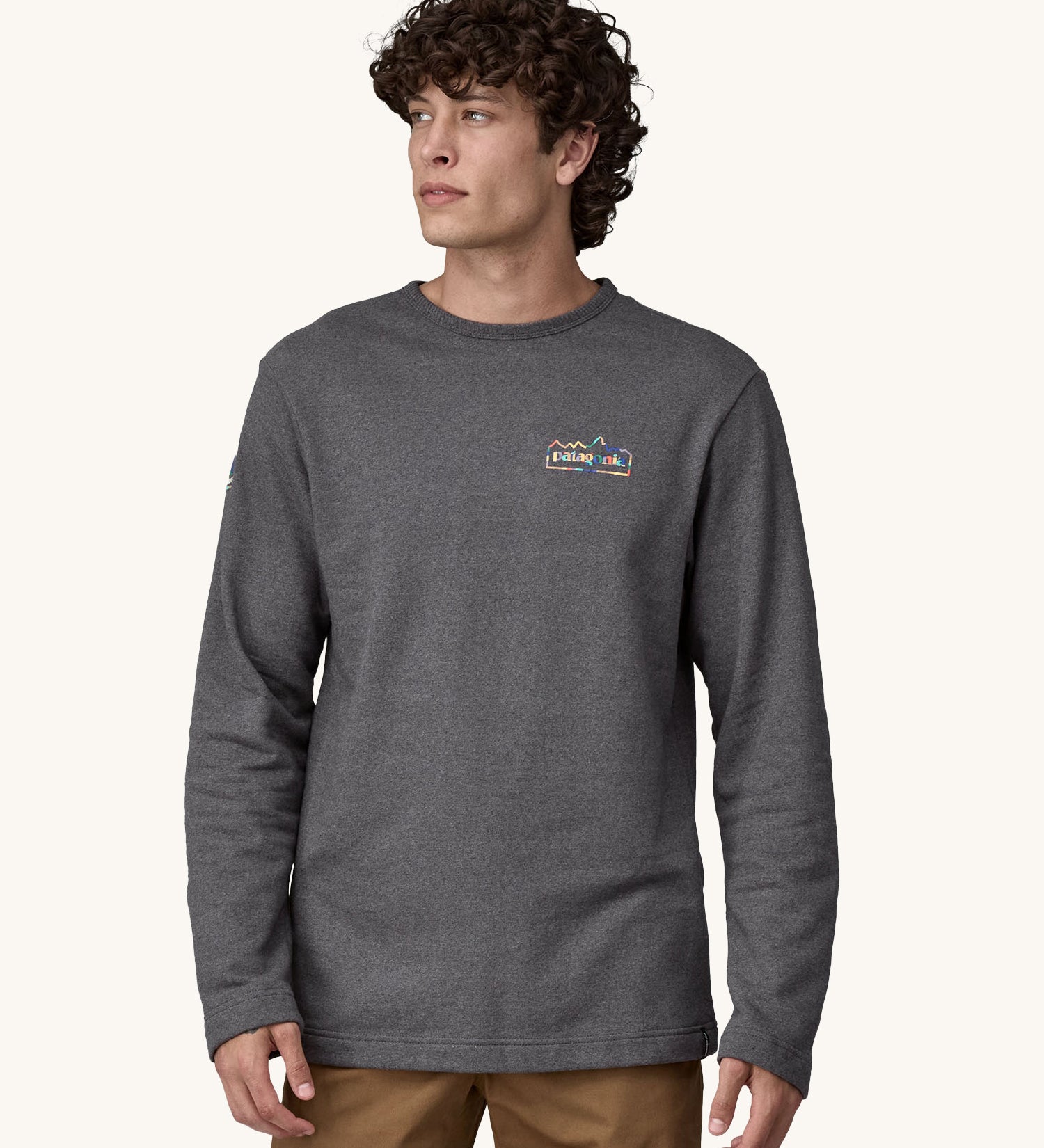 A man wearing a grey coloured Patagonia Men's Wildrise Crewneck Sweatshirt.