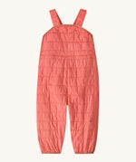 Patagonia kids nano puffer winter overalls in pink. Features popper fasteners on each shoulder strap for size adjustment. 