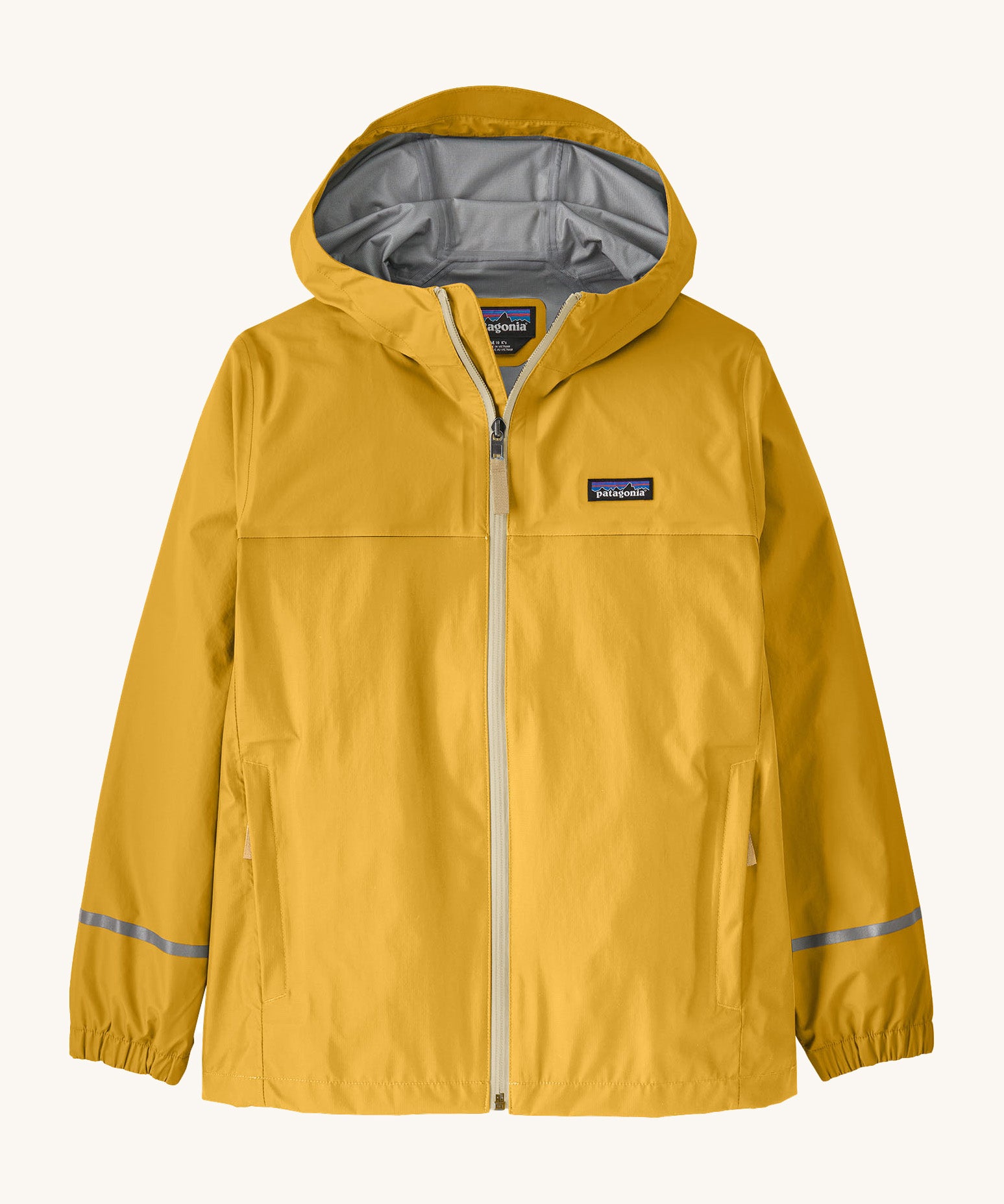 The Patagonia Little Kids Torrentshell 3L Waterproof Jacket in a yellow colour on a cream background.