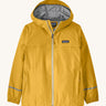 The Patagonia Little Kids Torrentshell 3L Waterproof Jacket in a yellow colour on a cream background.