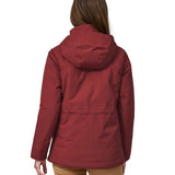 The back of the Patagonia off slope womens carmine red jacket with a brand logo.