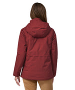 The back of the Patagonia off slope womens carmine red jacket with a brand logo.