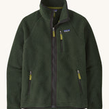 Patagonia men's retro pile fleece jacket in old growth green colour. A thick green fleece with a full length zip and turn up collar, 2 side pockets and a chest pocket with the brand patch stitched on the chest.