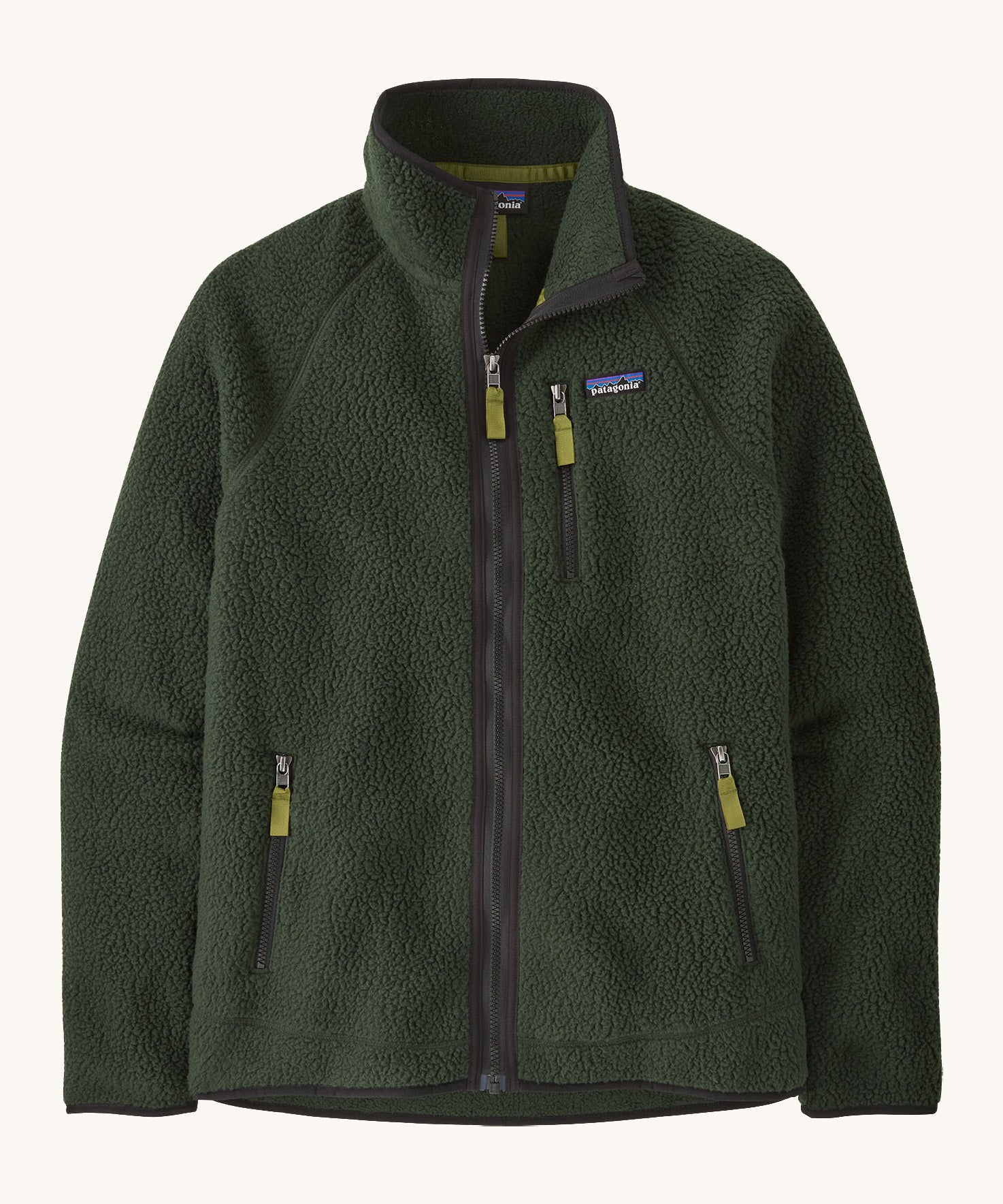 Patagonia men's retro pile fleece jacket in old growth green colour. A thick green fleece with a full length zip and turn up collar, 2 side pockets and a chest pocket with the brand patch stitched on the chest.