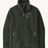 Patagonia men's retro pile fleece jacket in old growth green colour. A thick green fleece with a full length zip and turn up collar, 2 side pockets and a chest pocket with the brand patch stitched on the chest.