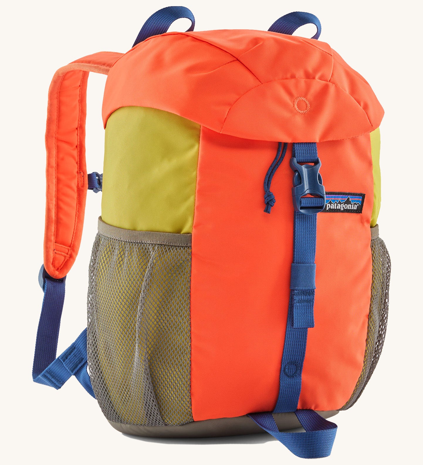The Patagonia Kids Refugito 12L Backpack   , a vibrant orange backpack with block mustard colour side panels. Features 2 side mesh pockets in grey and a blue buckle to close the lid. Logo patch is stitched on the front panel.