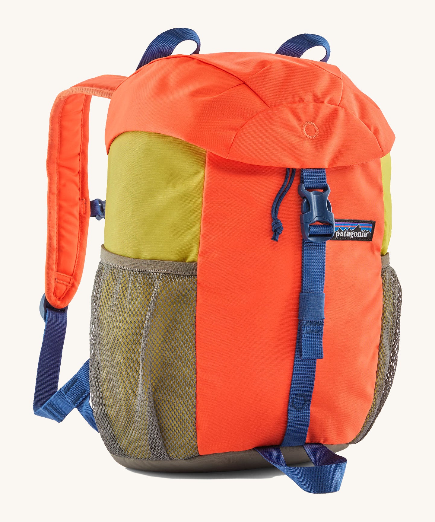 The Patagonia Kids Refugito 12L Backpack   , a vibrant orange backpack with block mustard colour side panels. Features 2 side mesh pockets in grey and a blue buckle to close the lid. Logo patch is stitched on the front panel.