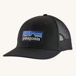 Patagonia P-6 Logo Trucker Hat in Black pictured on a plain background